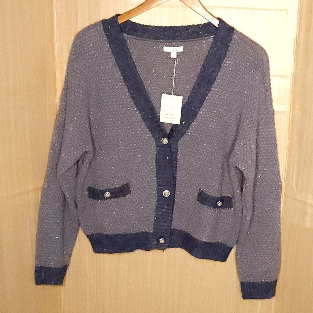 LC Lauren Conrad Blue New Relaxed Sparkle Cardigan Fancy Buttons Large